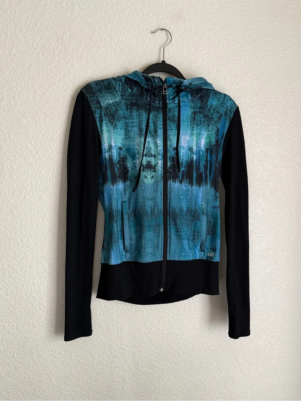 ALO Flow Full Zip Hoodie Jacket Blue-Green Water Color Print S